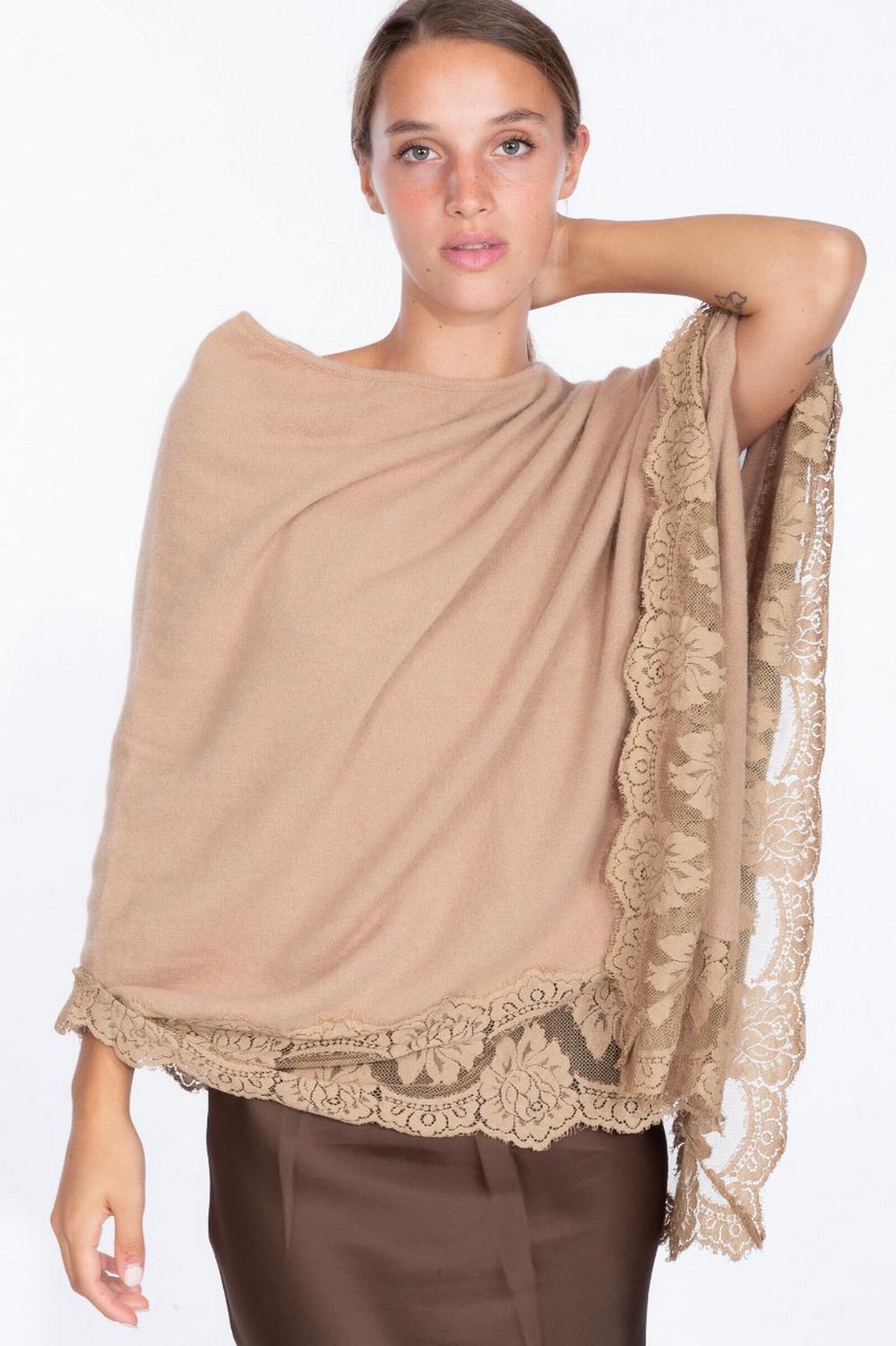 Pink Memories - Poncho lana con pizzo cammello - 11397