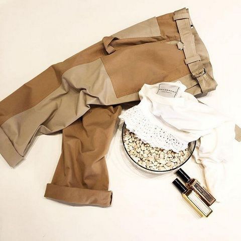 Beige colorblock flared cotton trousers